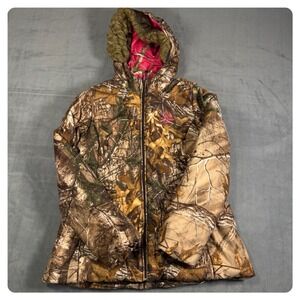 Realtree Xtra Camo Hooded Jacket Womens Large Pink Lining Faux Fur Trim Parka